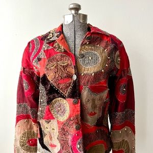 Sandy Starkman Bohemian Tapestry Jacket Red Orange Blazer Vintage Boho Retro